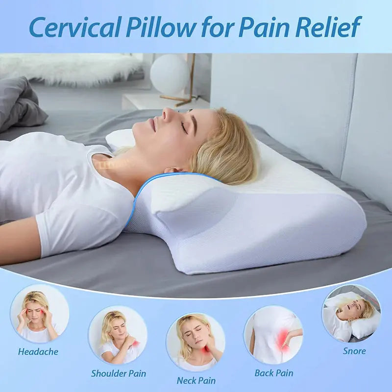 Cervical pillow for pain relief with a person lying on it, surrounded by icons indicating pain relief for various issues.