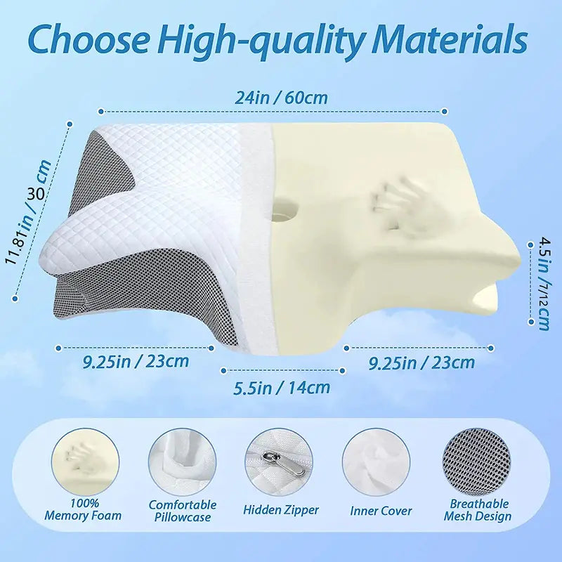 Pillow with measurements and material features on a blue background
