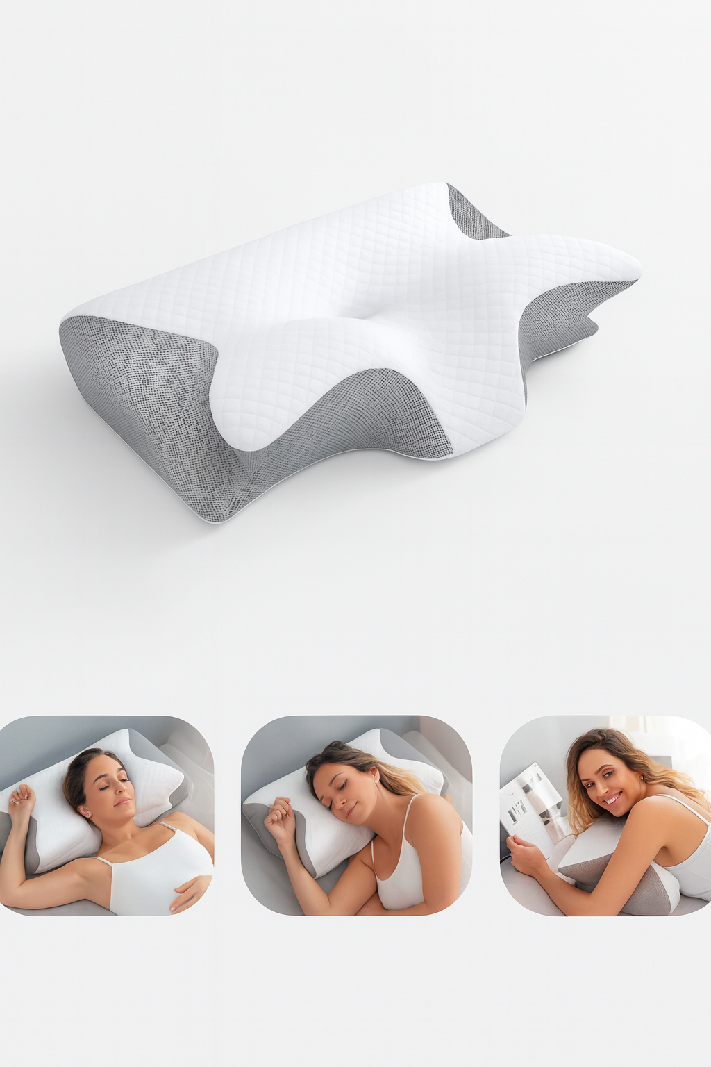 Shark-shaped pillow on a white background with people using it.