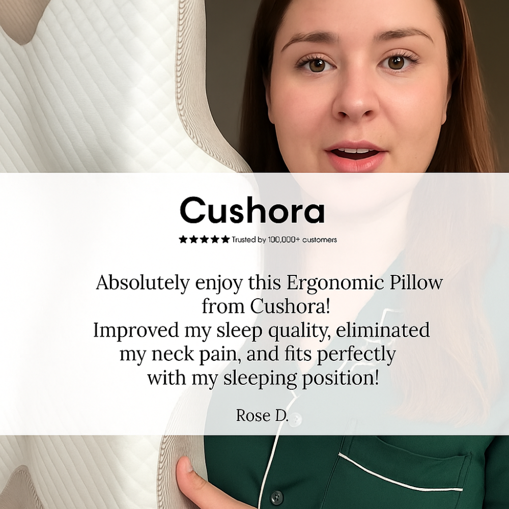 Person using an ergonomic pillow with a testimonial about improved sleep quality and neck pain relief from Cushora.