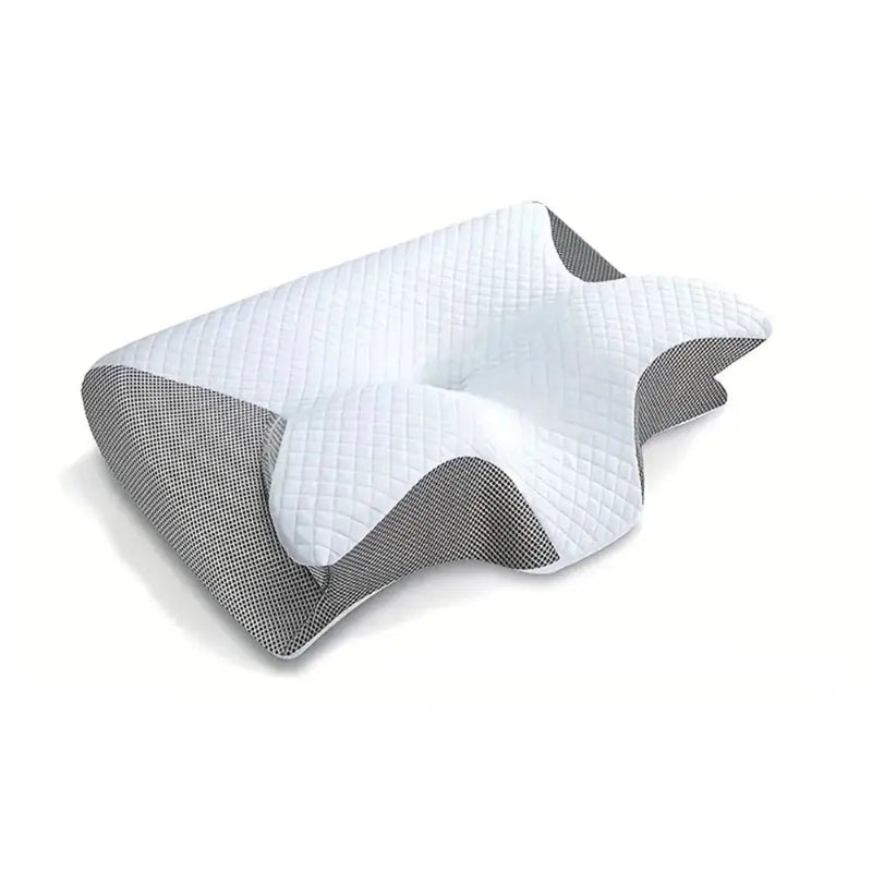 Cushion with quilted white surface and gray mesh sides on a white background