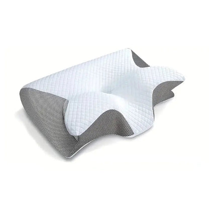 Cushion with quilted white surface and gray mesh sides on a white background