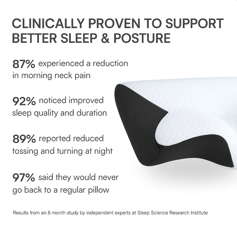 Sleep pillow with statistics on improved sleep and posture on a white background