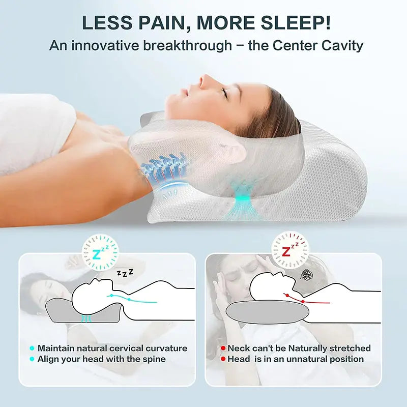 Person lying on a neck pillow with text highlighting 'Less Pain, More Sleep' and features of the pillow.
