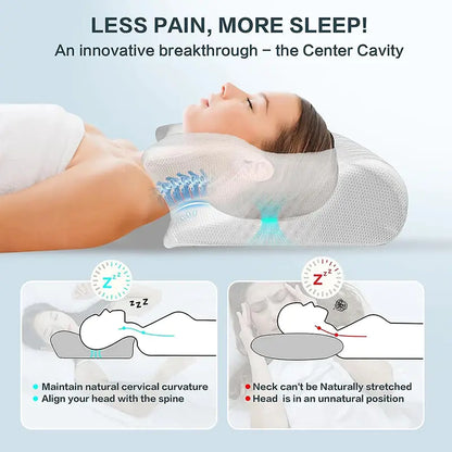 Person lying on a neck pillow with text highlighting 'Less Pain, More Sleep' and features of the pillow.
